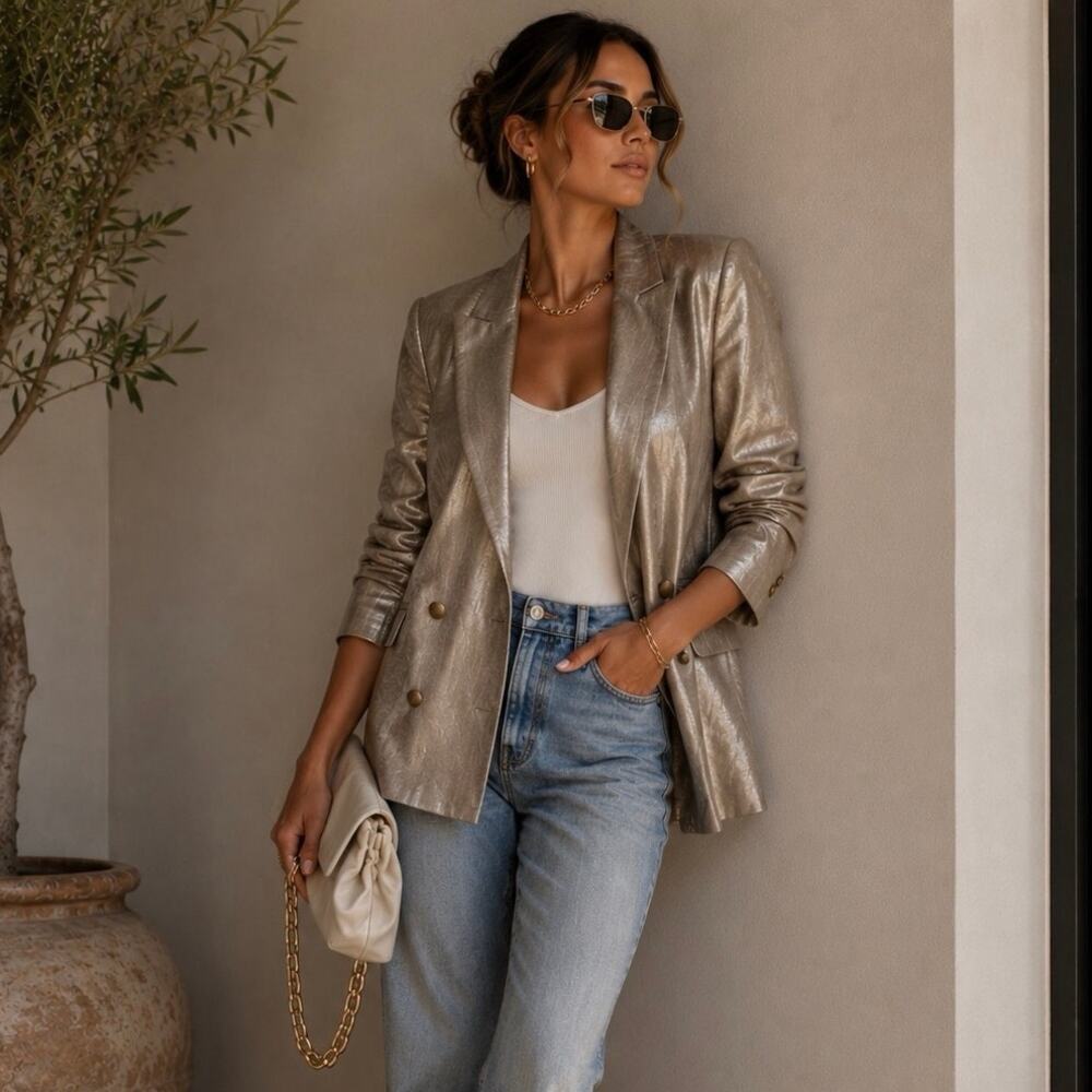 Emerson Fry Long Sleeve Peak Lapel Double-Breasted Blazer Metallic Beige Women 2